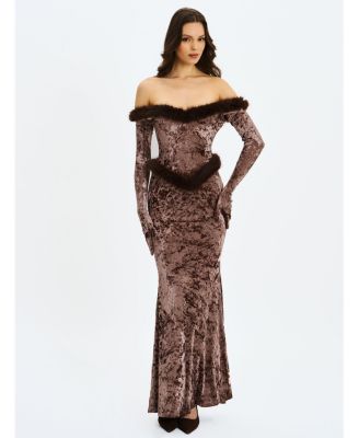 Women's Tessa Coffee Sweetheart Bardot Faux Fur Velvet Mermaid Maxi Dress