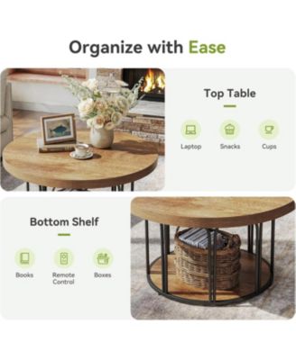 35.5-Inch Rustic Wood 2-Tier Round Coffee Table with Open Storage