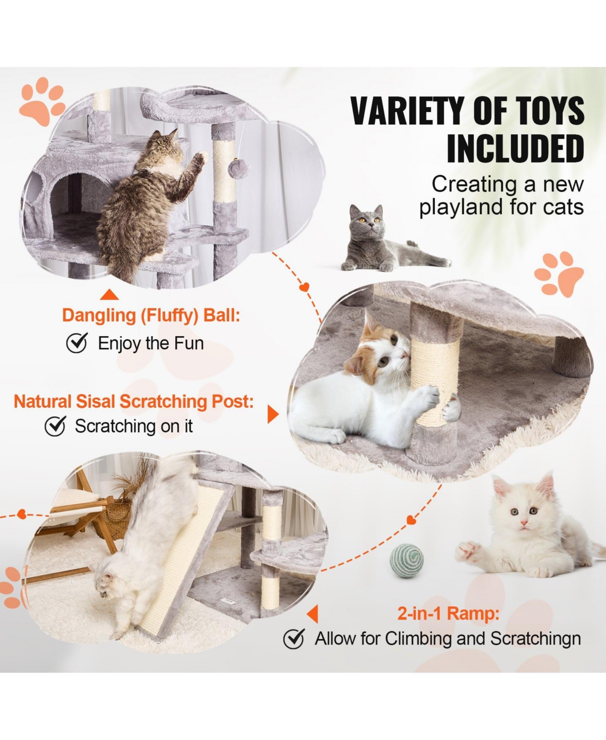 Cozito 68.5" Multi-Level Cat Tree with Ramp & 2 Condos, Light Gray