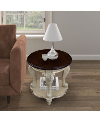 Solid Wood Round End Table with Shelf Sofa Side Table