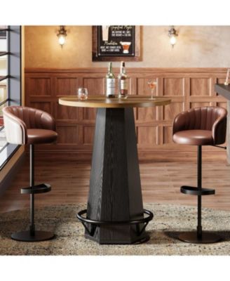 Round Bar Pub Table, 39.4" H Bistro Cocktail Table with Metal Footrest for Drinking & Gathering, Brown & Black