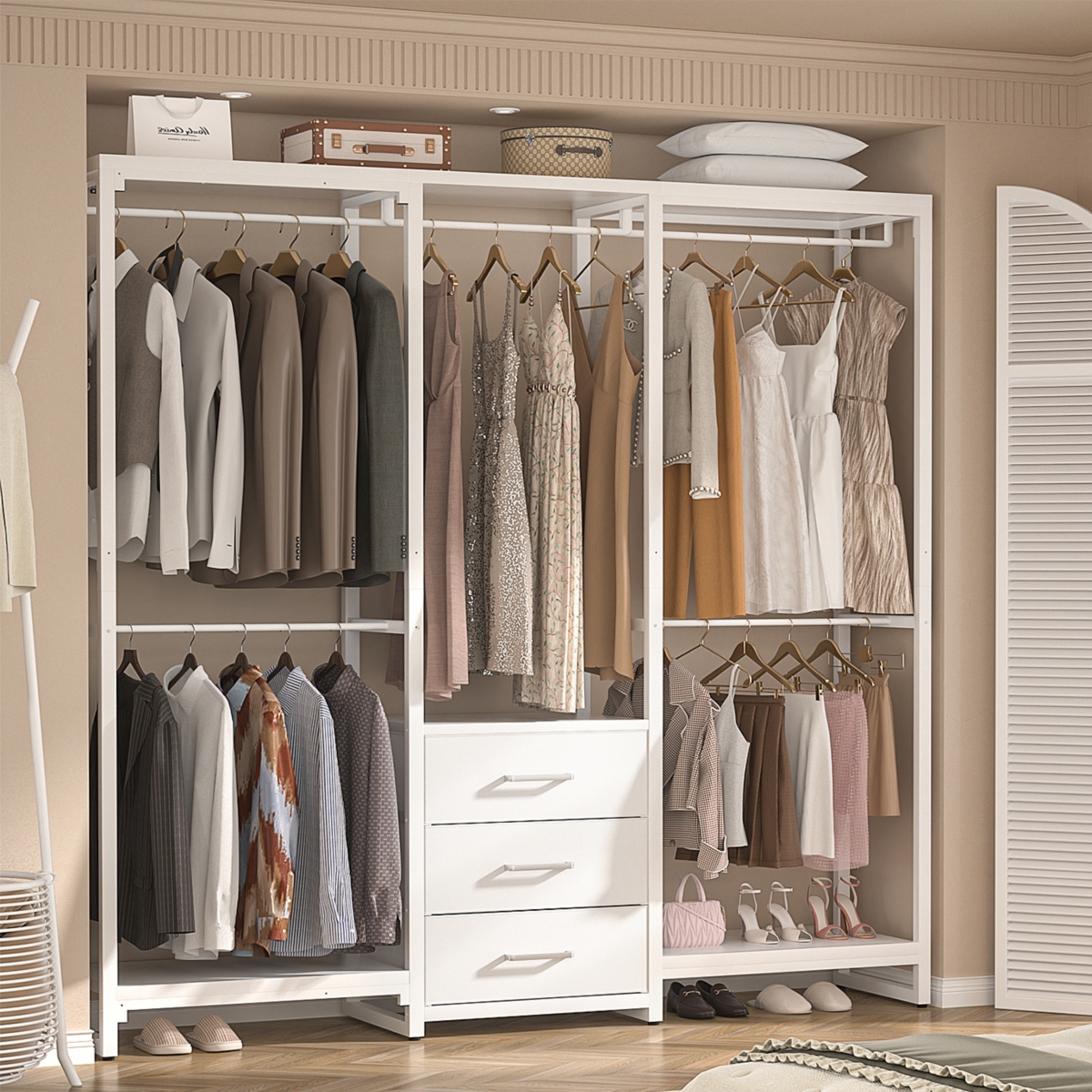 Aheaplus Heavy Duty Closet Rack with 5 Hanging Rods & 3 Fabric Drawers, Reversible Garment Rack with Shelves for Closet/Bedroom