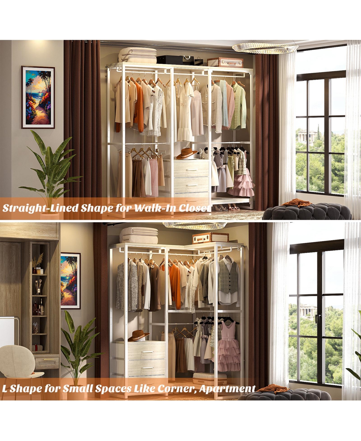 Aheaplus Heavy Duty Closet Rack with 5 Hanging Rods & 3 Fabric Drawers, Reversible Garment Shelves for Closet/Bedroom