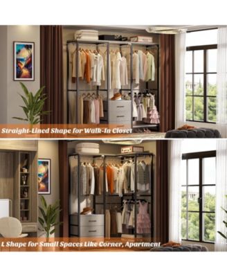 Heavy Duty Closet Rack with 5 Hanging Rods & 3 Fabric Drawers, Reversible Garment Rack with Shelves for Closet/Bedroom