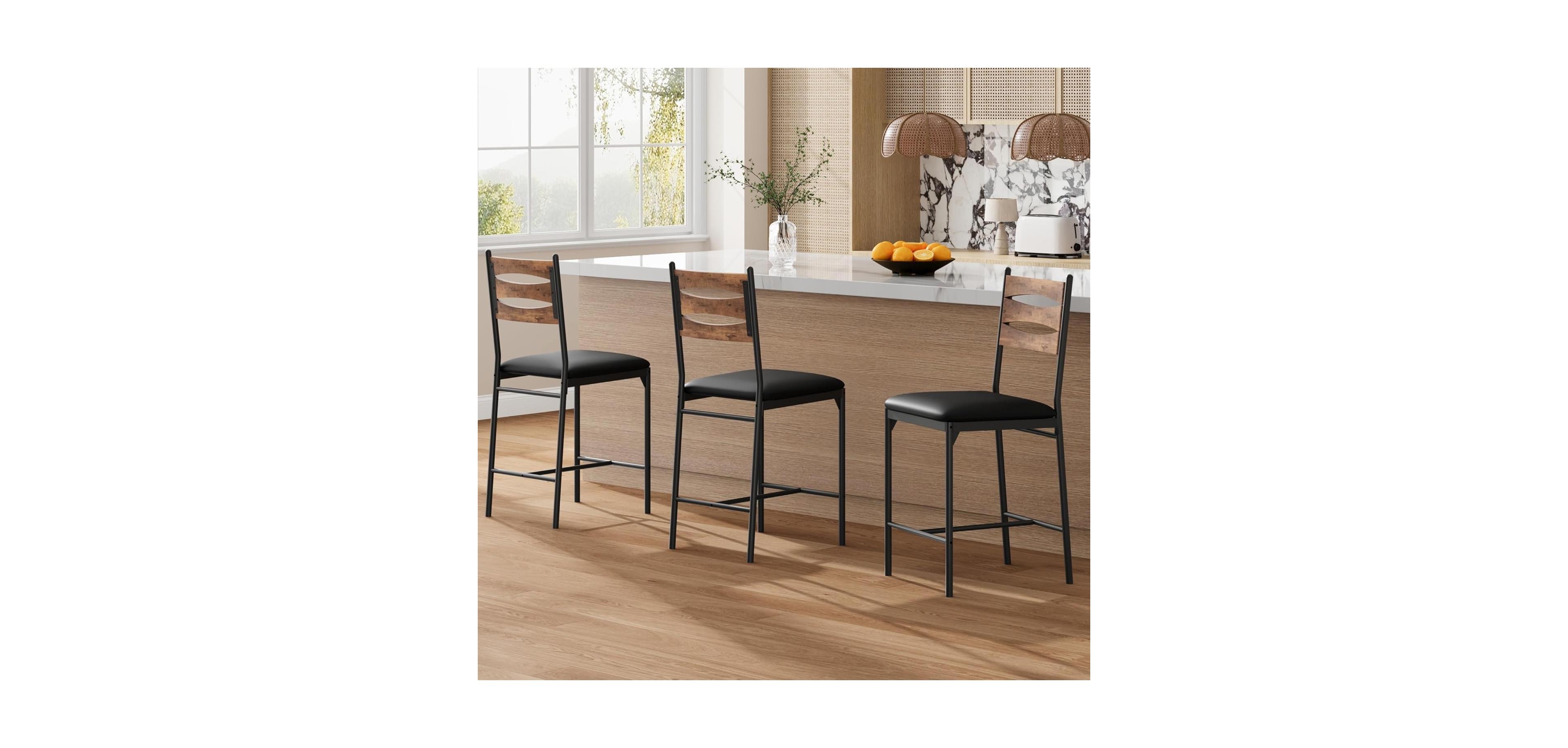 Gaomon Wooden Bar Stools Set of 2, Faux Leather Upholstered Bar Chairs with Backrest, Footrest & Thick Cushion, Counter Height