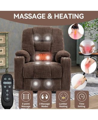 Chenille Power Lift Recliner with Massage, Heat, USB & Cup Holders, Wide Heavy-Duty Electric Chair for Seniors