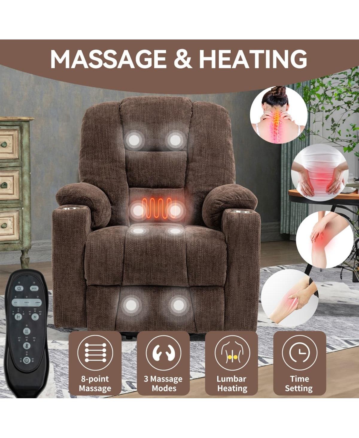 Maison Boucle Chenille Power Lift Recliner with Massage, Heat, Usb & Cup Holders, Wide Heavy-Duty Electric Chair for Seniors