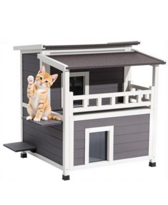 Insulated 2-Story Wooden Outdoor Cat House with Balcony, 33