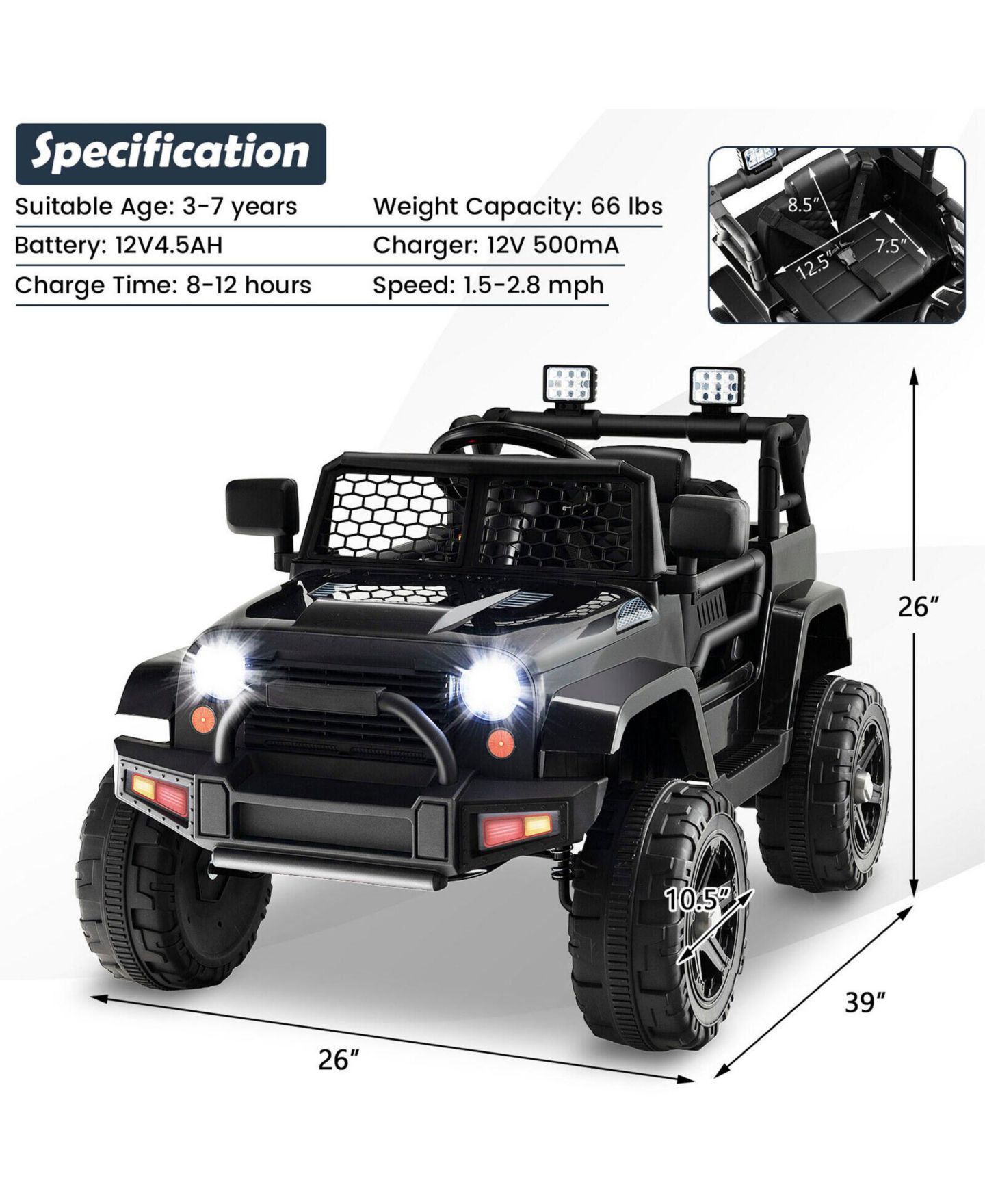 Детская игрушка SUGIFT 12V Kids Ride On Truck with Remote Control and Headlights, цвет: Чёрный — фото 3