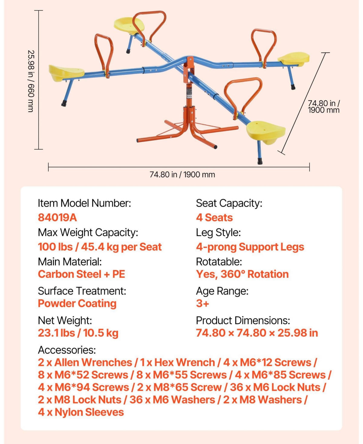 Mecale 4-Seat Sit and Spin Teeter Totter Kids Seesaw with 110 lb Capacity per Seat