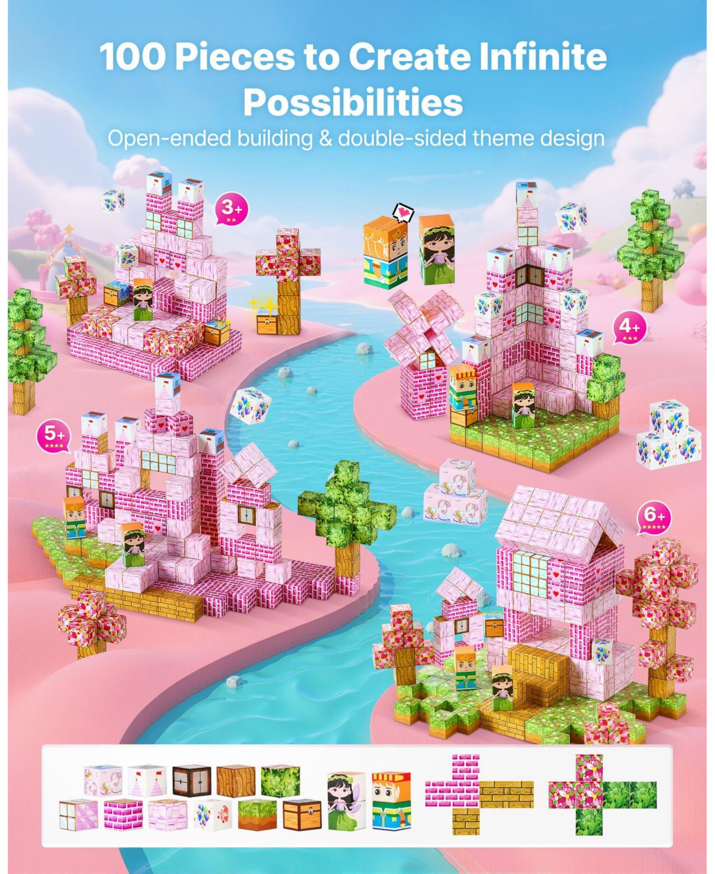 Детский конструктор Mecale Princess Castle 100-Piece Magnetic Building Set, Ages 3+, цвет: Розовый — фото 4