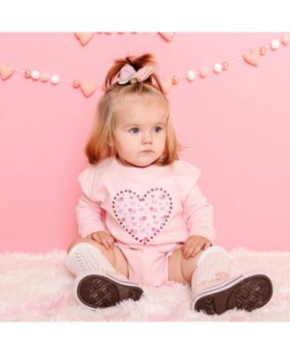Baby Girls Dainty Rose Pearl Heart Patch Long Sleeve Romper