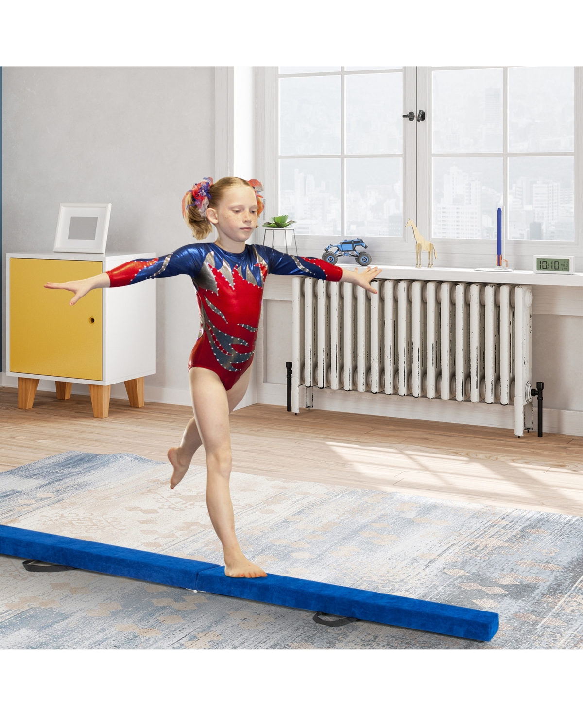 Sugift 7 Feet Folding Portable Floor Balance Beam with Handles for Gymnasts-Blue