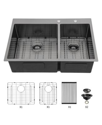 33x22x10inch Gunmetal Black Double Bowl Kitchen Sink Drop In Stainless Steel 16 Gauge 60 and 40
