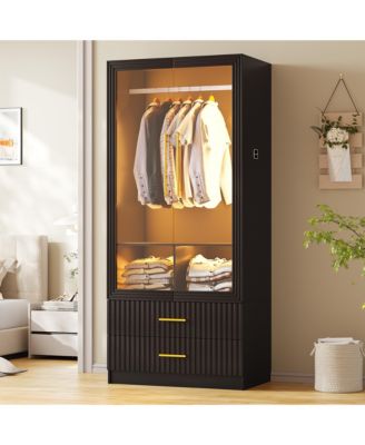 70.8" Modern Wardrobe Armoire with LED Glass Doors, Motion Sensor, 2 Drawers & Hanging Rod