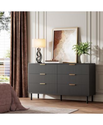 Wooden Wave Fluted 6 Drawer Dresser Modern Chest of Drawers with Anti-Tipping Design Wide Double Dresser with Metal Legs and Handles