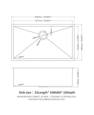 huluwat 33x19x10inch Undermount Kitchen Sink Single Bowl Stainless Steel 16 Gauge Deep Basin