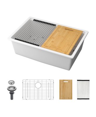 huluwat 28x19x9.65inch White Quartz Composite Kitchen Sink Undermount Workstation