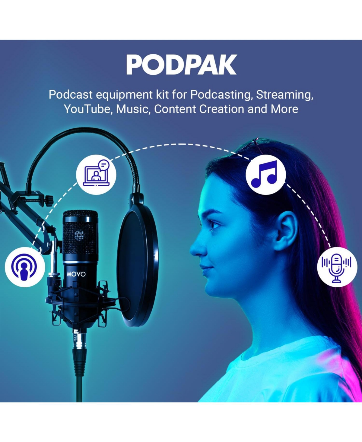 Movo PodPak Podcast Equipment Bundle with Microphone, Boom Arm, and Pop Filter