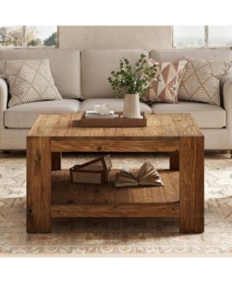 31.5" Square Solid Wood Coffee Table, 2-Tier Farmhouse Center Table for Living Room & Office, Rustic Brown