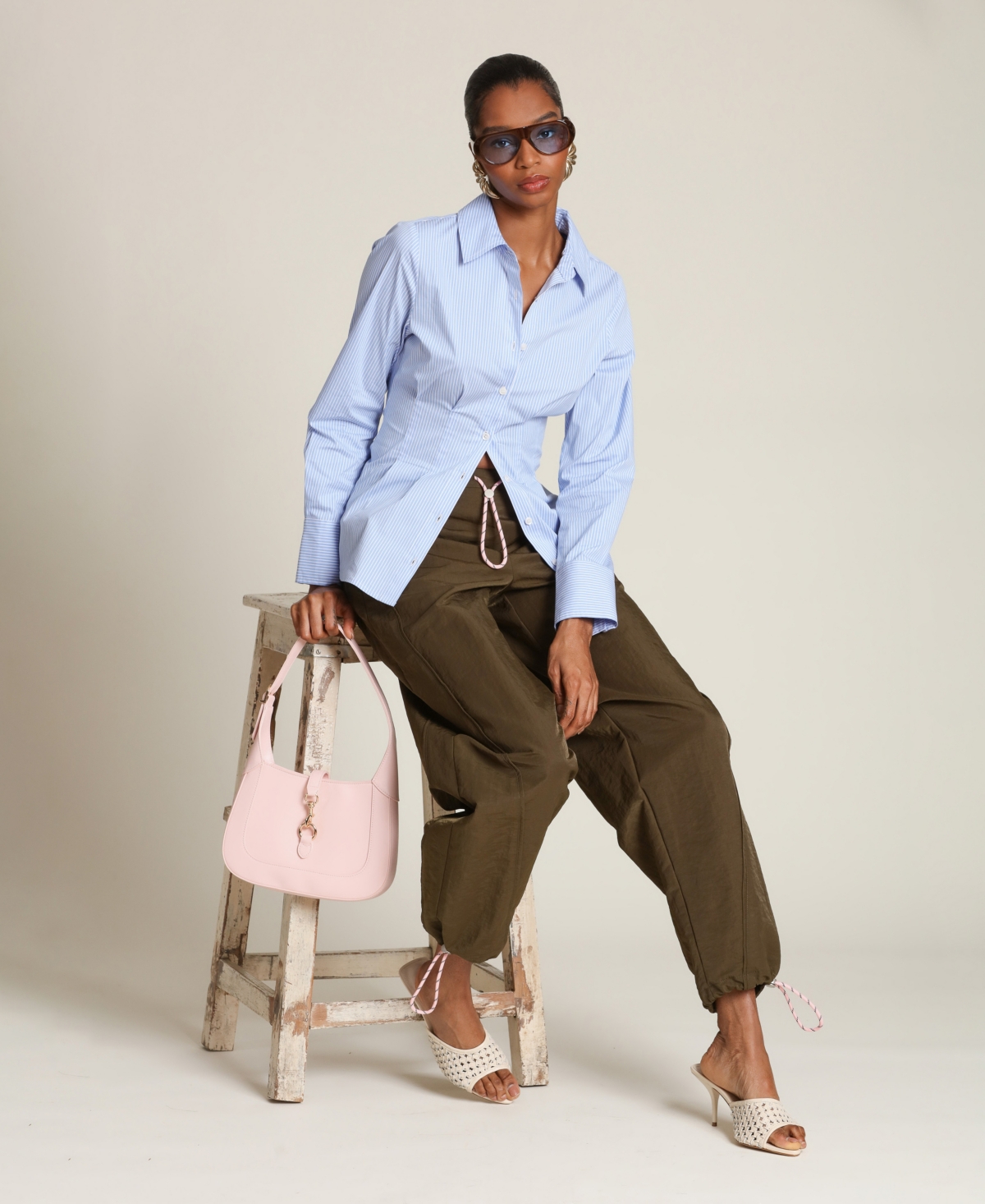 Avec Les Filles Women's Corset Stripe Spread Collar Shirt