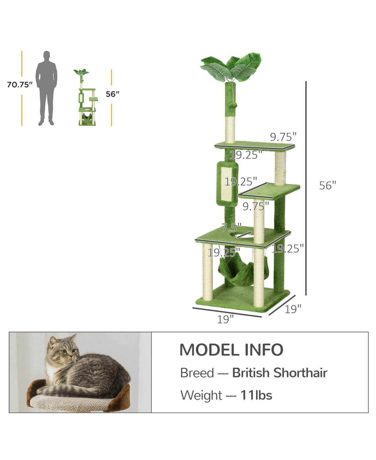 Aostirmotor 56" Cat Tree with Hammock,Scratching Post, Platforms