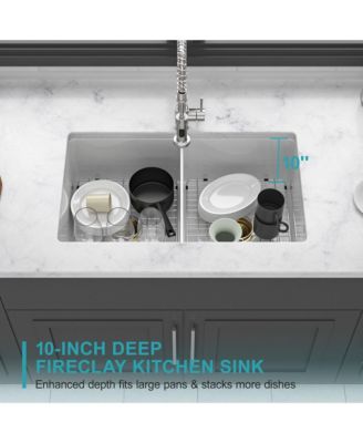 White Fireclay Farmhouse Kitchen Sink, Double Bowl, Undermount/Dual Mount, 32" x 19" x 10"