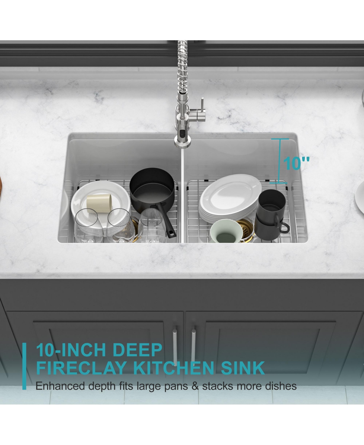 Flynama White Fireclay Farmhouse Kitchen Sink, Double Bowl, Undermount/Dual Mount, 32" x 19" x 10"