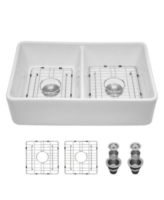 White Ceramic Porcelain Farmhouse Kitchen Sink, Double Bowl, Apron Front, 32" x 20" x 9"