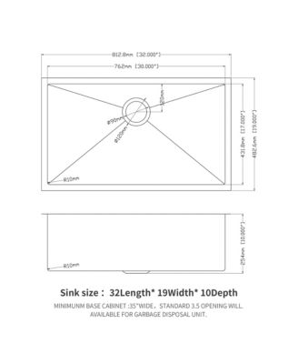 16-Gauge Stainless Steel Undermount Kitchen Sink, Single Bowl, 32" x 19" x 10" Deep