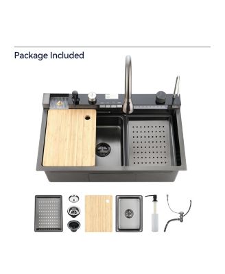 Smart Waterfall Kitchen Sink 304 Stainless Steel Single Bowl Pull Out Faucet Vegetable Basin