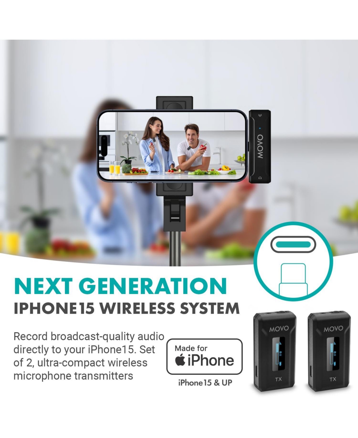 Movo Wmx-2-c-duo Dual Wireless Lavalier Microphone System with Charging Case for iPhone 15 and up