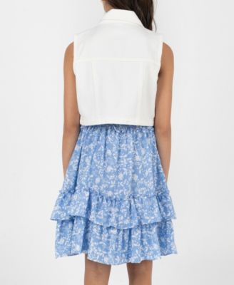 Girls' 7-16 Sleeveless Denim Vest and Dobby Tiered Dress, 2-Piece Set