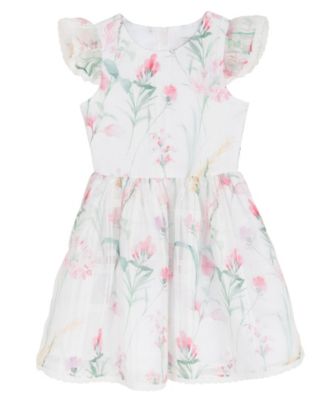 Girls' 7-16 Floral Windowpane Crochet Round Neck Dress