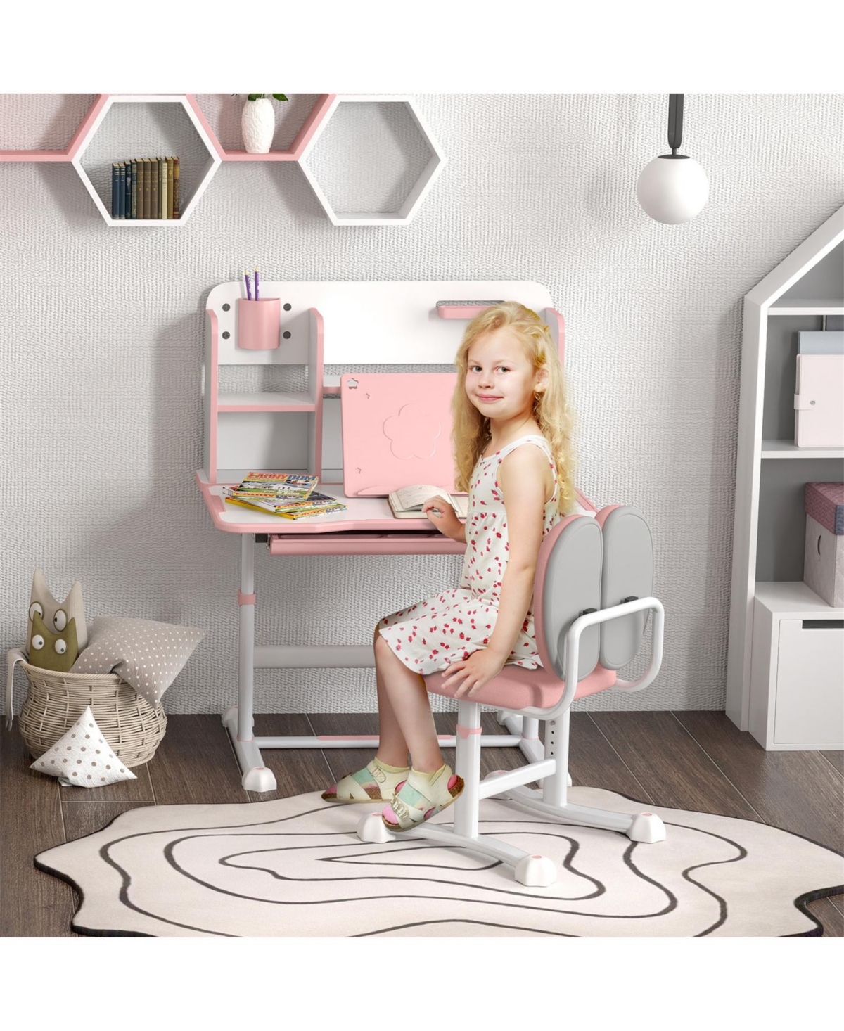 Jujabu Kids Desk and Chair Set Height Adjustable Study Desk with Tilt Desktop Storage Drawer Reading Rack for Writing Reading Drawing Pink