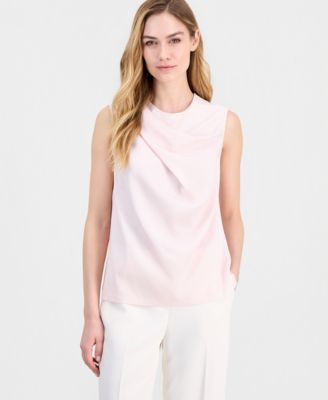 Petite Asymmetrical Shoulder Pleat Crew Neck Top