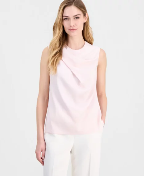 Petite Asymmetrical Shoulder Pleat Crew Neck Top - Soft Blossom