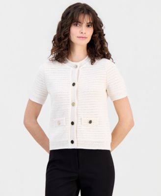 Women's Cotton Open-Knit Button-Front Cardigan