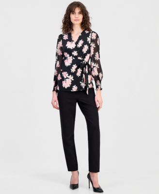 Women's Floral-Print Smocked-Cuff Wrap Top