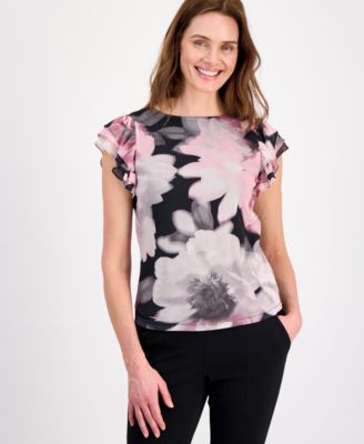 Petite Boat Neck Ruffle-Sleeve Top