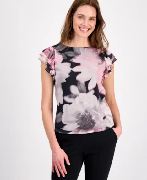 Petite Boat Neck Ruffle-Sleeve Top - Soft Blossom Multi