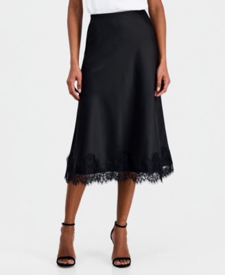 Women's Lace-Trim Midi Satin Skirt, Regular & Petite