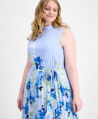 Plus Size Printed Pleated Sleeveless Midi Dress