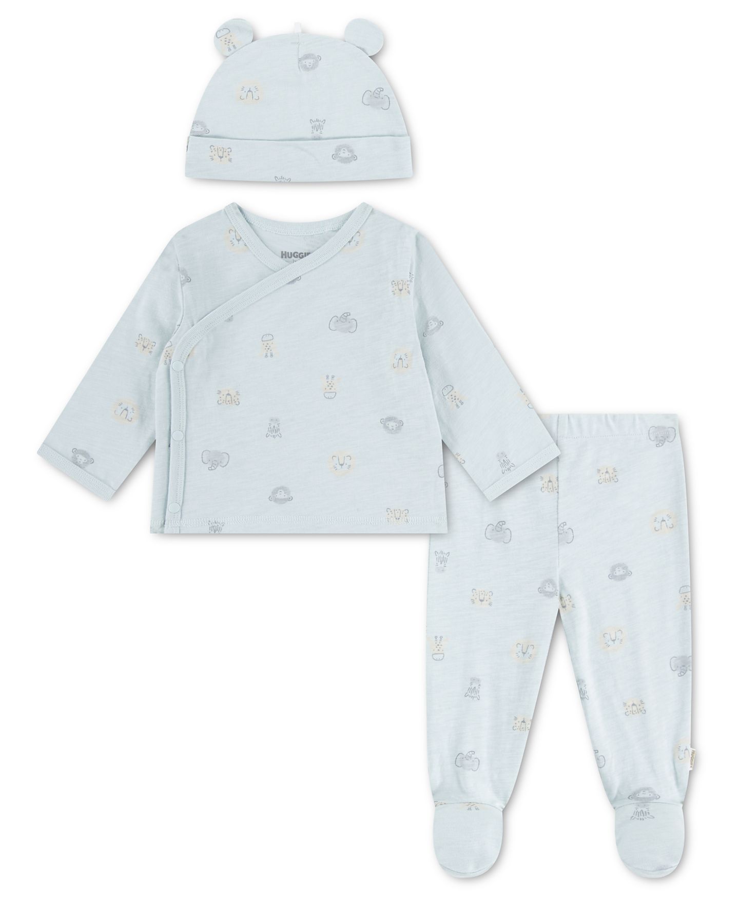 Комплект для мальчика Huggies: топ с принтом, брюки с ножками и шапочка, 3 предмета, цвет: Синий — фото 1