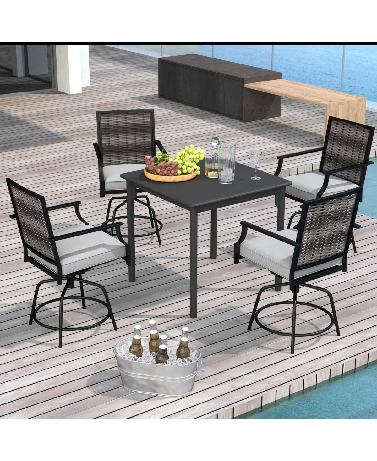 Costway Outdoor Pe Wicker Swivel Bar Stools with Back Armrests Cushion
