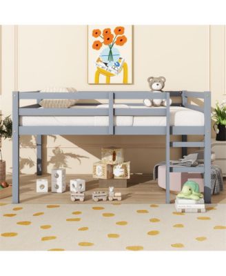 Full Size Loft Bed with Ladder Rubber Wood Platform Bed with Underbed Storage and Guardrails