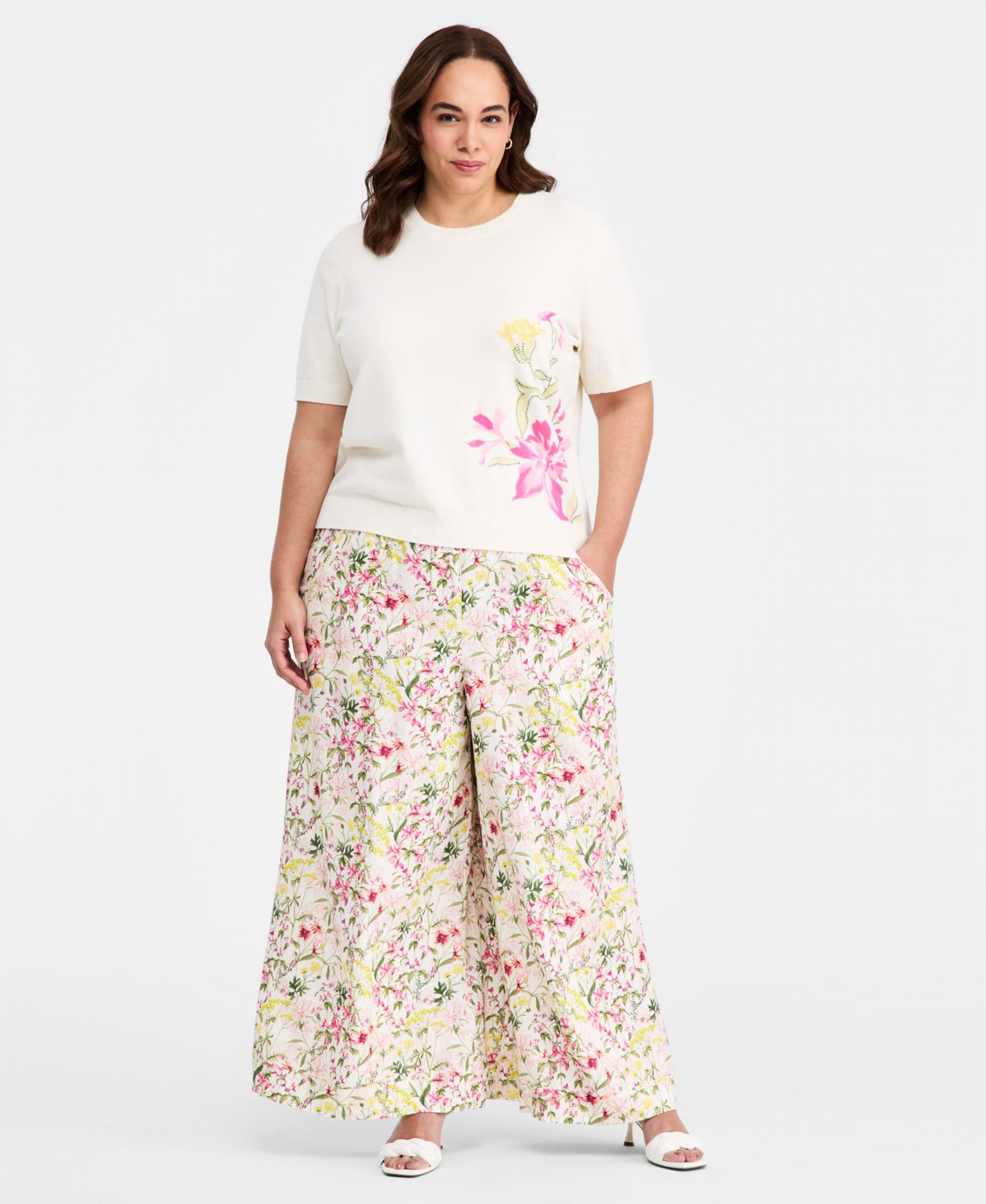 Женская блузка Vince Camuto Plus Size Printed Crew Neck Blouse, цвет: Состаренный белый — фото 2