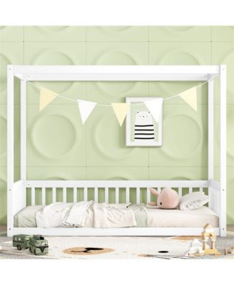 Twin Size Canopy Floor Bed with Safety Fence Wooden Play Bed with Guardrails for Kids Room