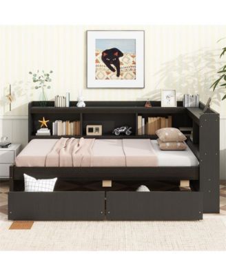 Twin L-Shaped Bookcase Bed 2 Storage Drawers, Space-Saving Study Bed