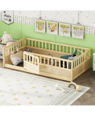 Twin Size Wooden Floor Bed Integral Construction with High Security Barrier Pine French Style for Kids